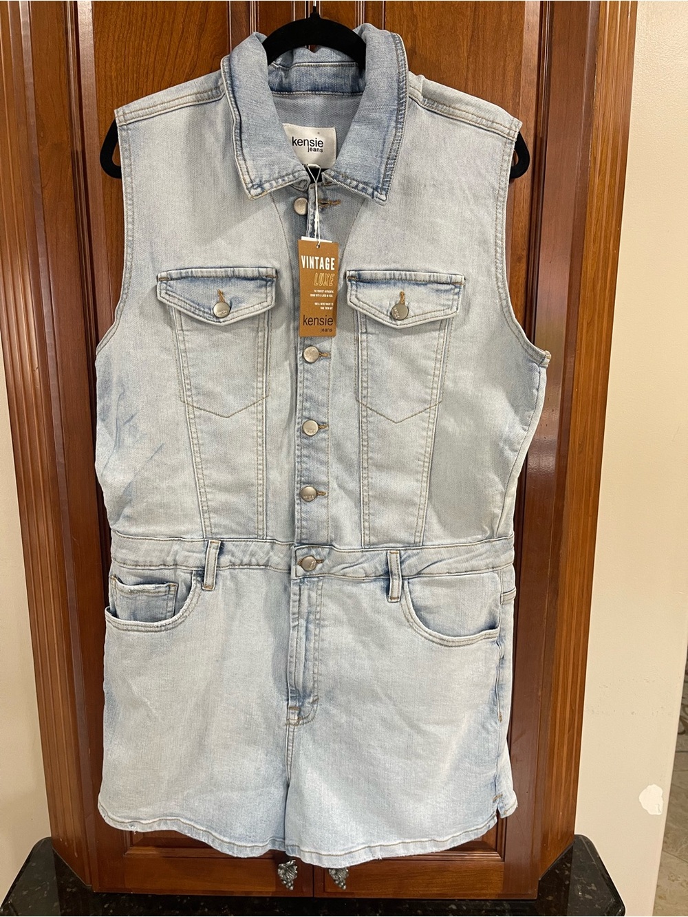 Kensie Light Wash Denim Shortalls Romper
